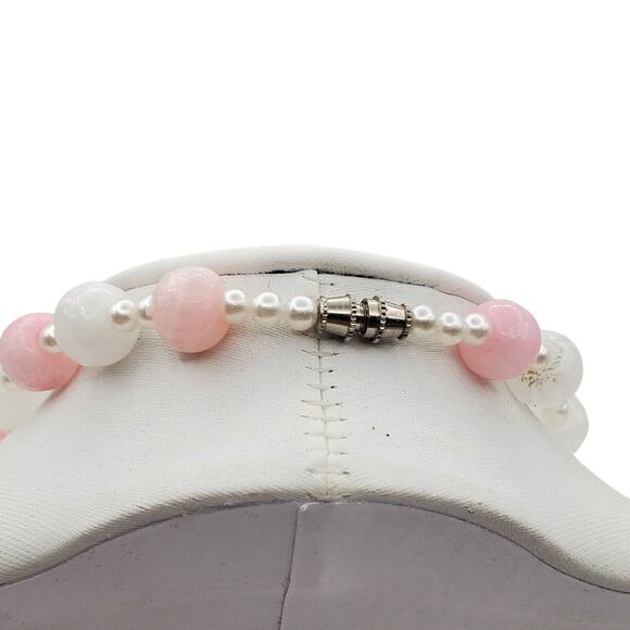 Pink & White Banded Quartz Necklace Chunky Crystal Stone Beaded Choker 20" Vtg - Picture 5 of 6